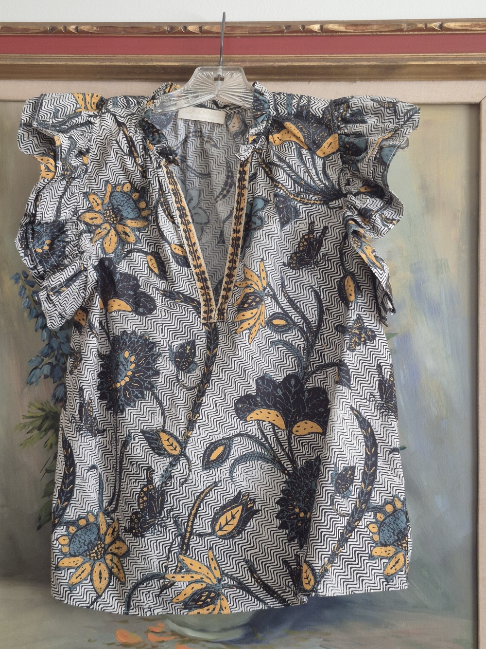Women’s Floral Ruffle Sleeve Top in Navy, Mustard & White